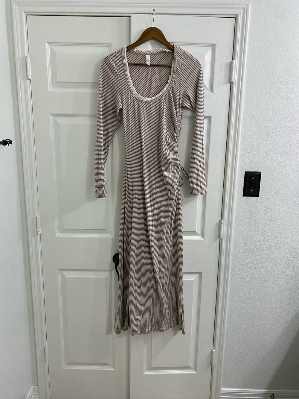 Anthropologie Taupe & White Striped Long Sleeve Maxi Dress